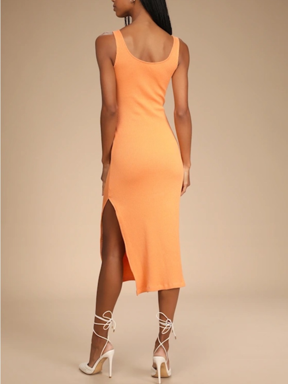 Lulus Beauty In Simplicity Light Orange Ribbed Bodycon Midi Dress - Size M - Picture 2 of 2
